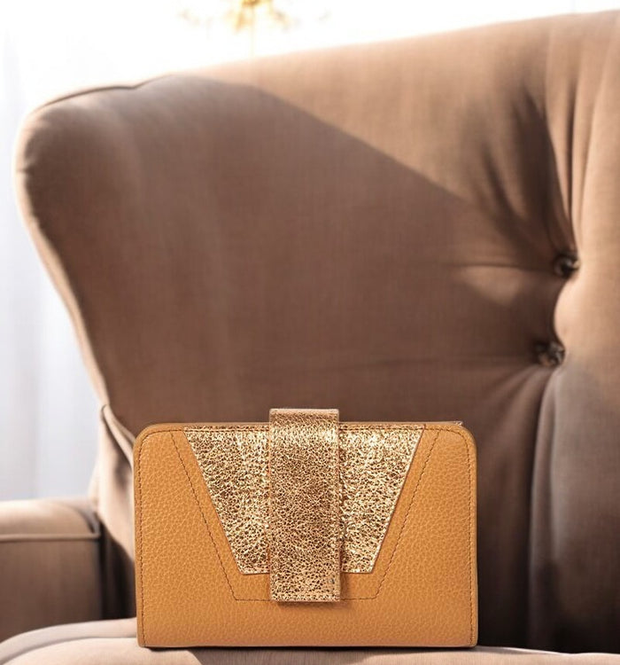 Antoinette Ameska Portefeuille TOKYO Camel/Paillette Cuivre