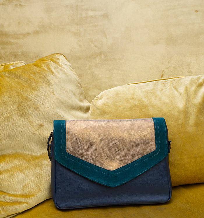 Antoinette Ameska Sac CAIRE Bleu Pétrole/Lézard Kaki