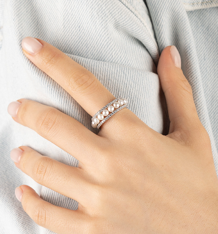 Apm Monaco Bague Anneaux Sertis Sur 2 Lignes Avec Perles