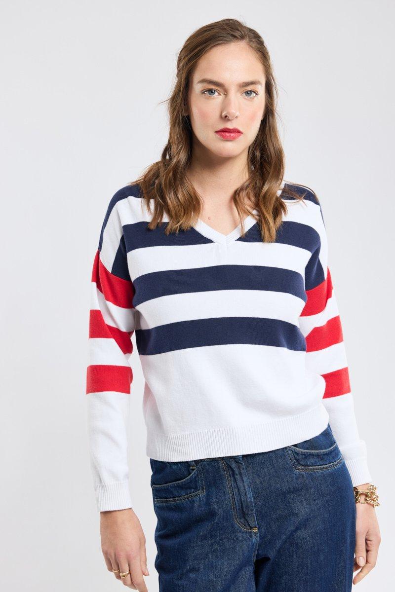 Armor Lux Pull Rayé Col V - Coton