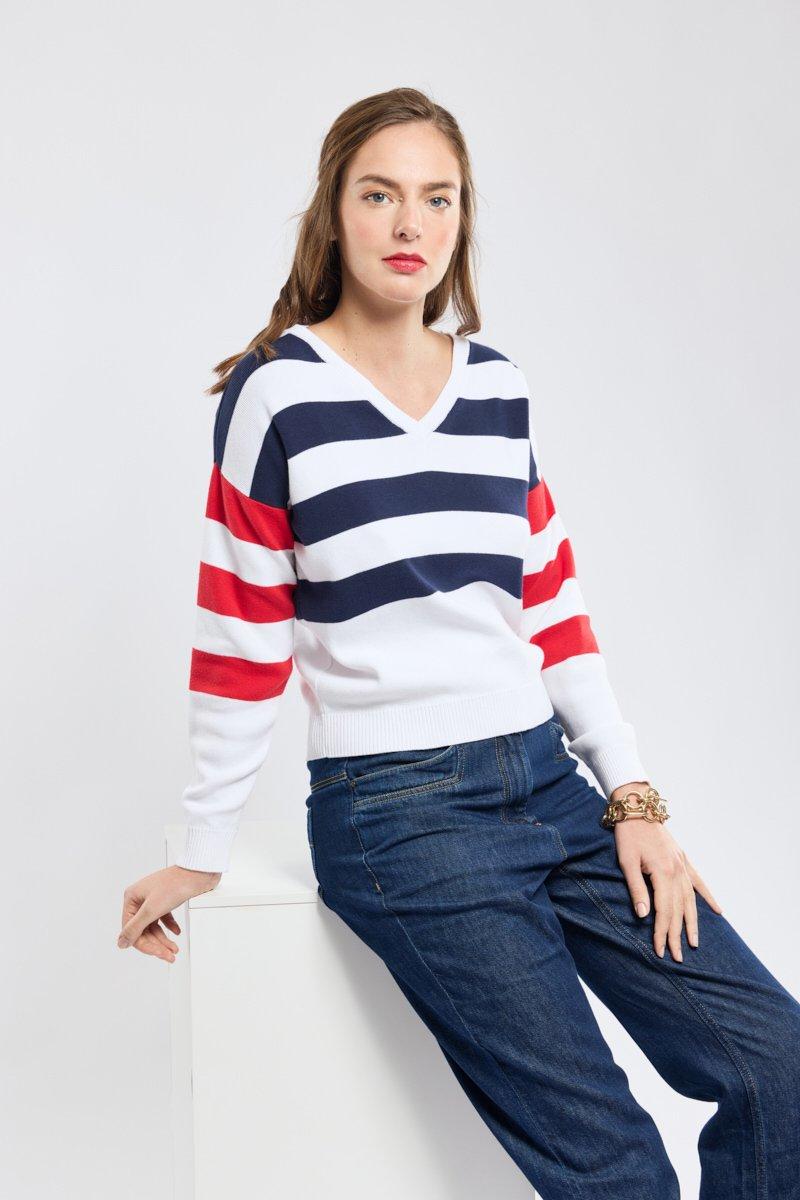 armor lux Pull rayé col V - coton