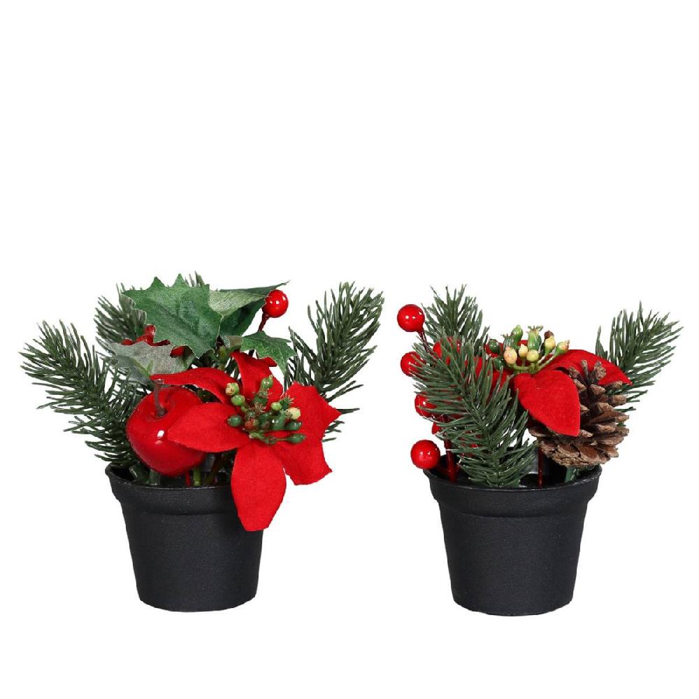 artificielles Compositions artificielles mixtes de 2 pots Poinsettia baies sapin H 14 cm D 1