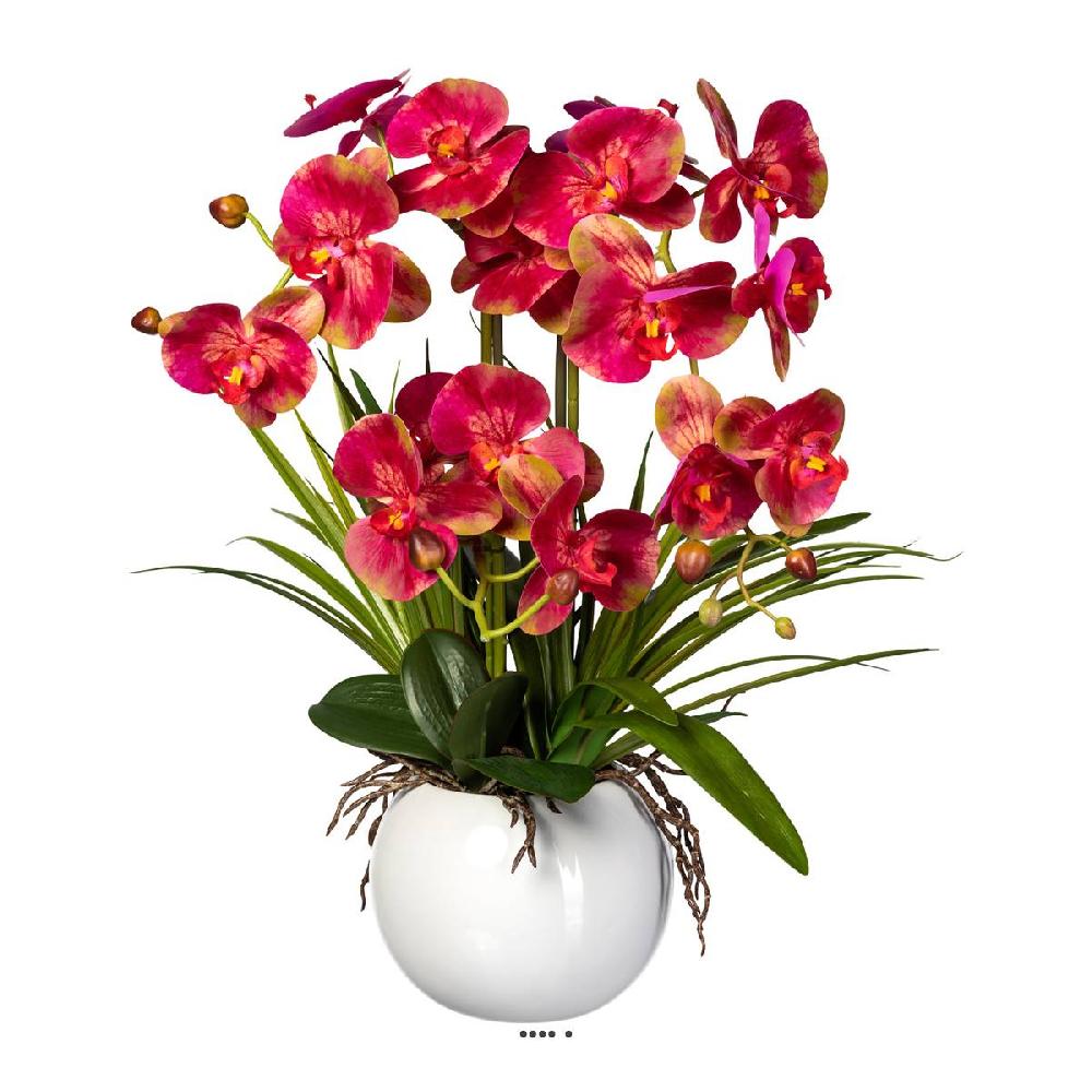 artificielles Orchidee artificielle 3 hampes en vase boule ceramique H 58 cm toucher reel