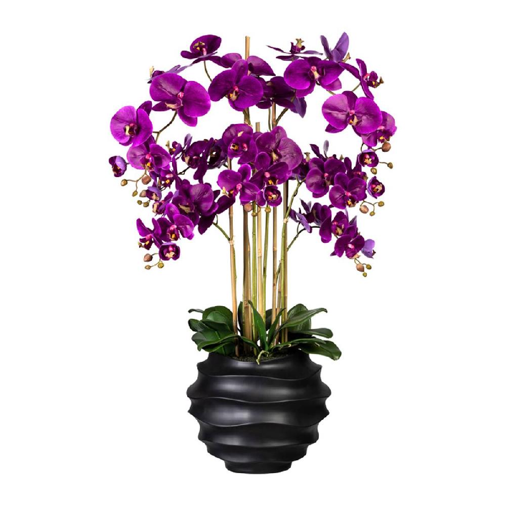 artificielles Orchidee artificielle 7 hampes en vase résine noir H 105 cm D 75 cm toucher réel