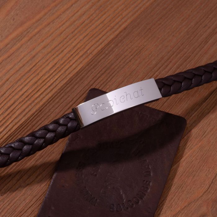 Atelier De Famille Bracelet Cuir Tressé Et Plaque Marron