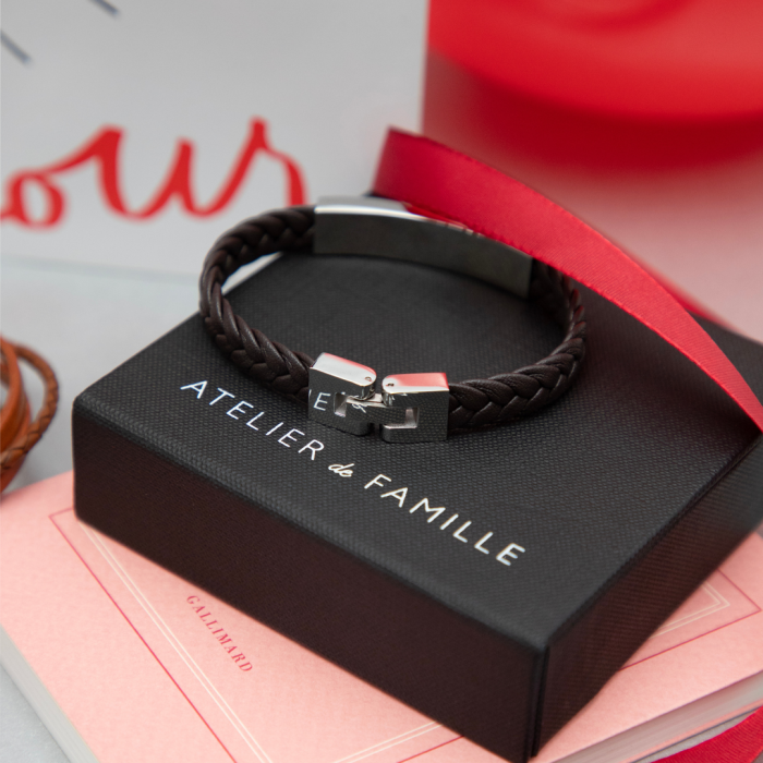 Atelier De Famille Bracelet Cuir Tressé Et Plaque Noir