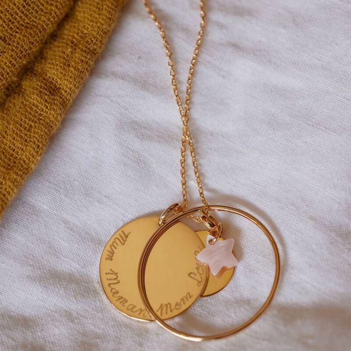 Atelier De Famille Collier Ellipse 2 Médailles Et Nacre Fine Plaqué Or