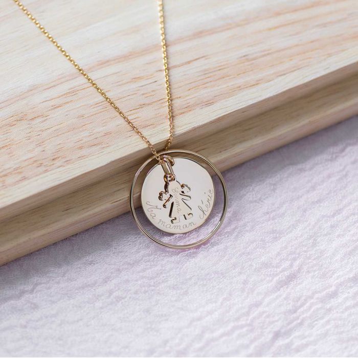 Atelier De Famille Collier Ellipse Grande Médaille Et Mini Breloque Plaqué Or (gravure Manuelle)