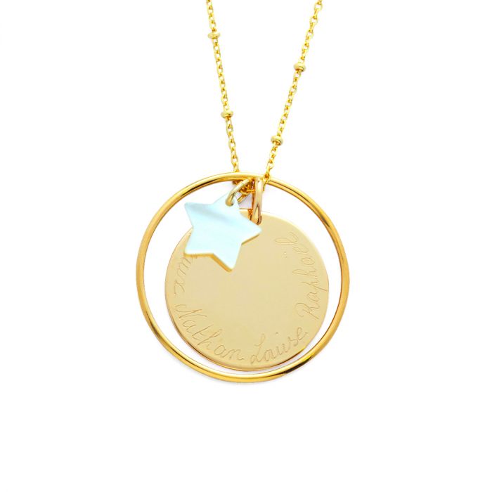 atelier de famille Collier ellipse médaille et nacre fine sur chaîne perlée plaqué Or