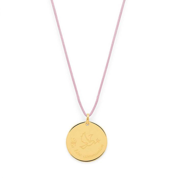 Atelier De Famille Collier Grande Médaille Colombe Et Prénom Sur Lien Satin Plaqué Or-2.7cm (gravure Joaillier)
