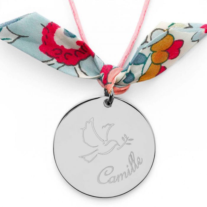 Atelier De Famille Collier Grande Médaille Colombe Et Prénom Sur Lien Satin Argent Massif - 2 7cm (gravure Joaillier)