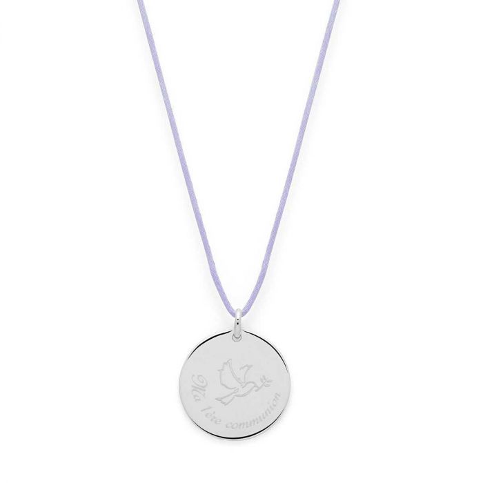 Atelier De Famille Collier Grande Médaille Colombe Et Prénom Sur Lien Satin Argent Massif - 2 7cm (gravure Joaillier)