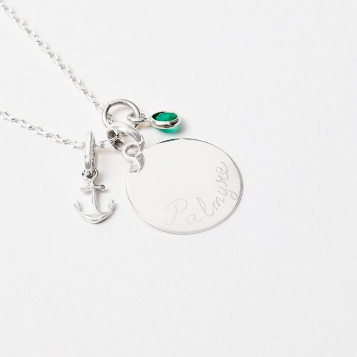 atelier de famille Collier mini ancre pierre et petite médaille sur chaîne argent