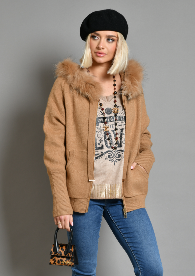 au soleil de saint tropez Gilet capuche fourrure vegan camel