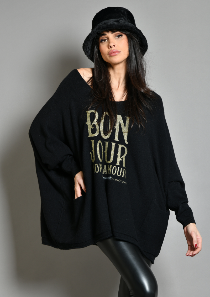 au soleil de saint tropez Pull noir sorbone bonjour mon amour Double poches