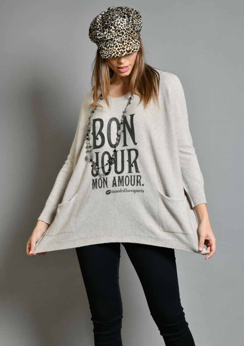 au soleil de saint tropez Pull sorbone bonjour mon amour Beige Double poches