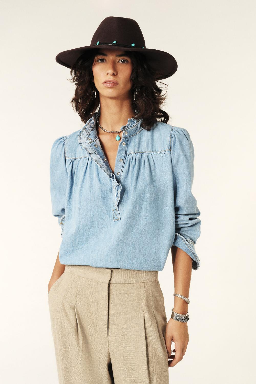 ba&sh Blouse Col Volanté Lilac Bleu