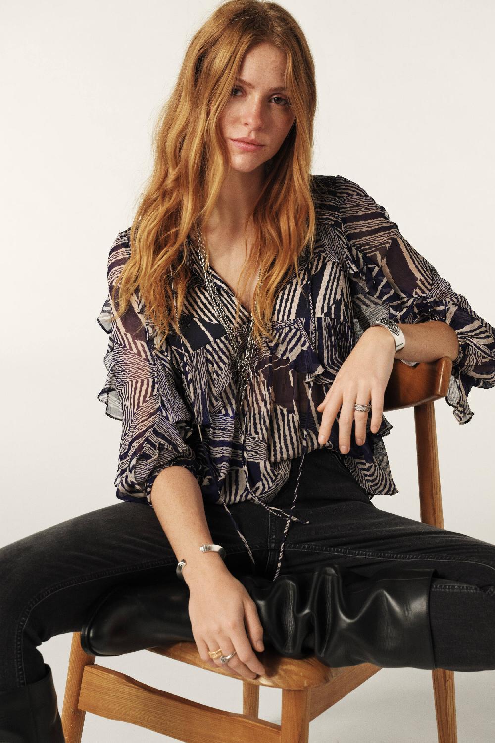 ba&sh Blouse Fluide Volante Angela Bleu Nuit