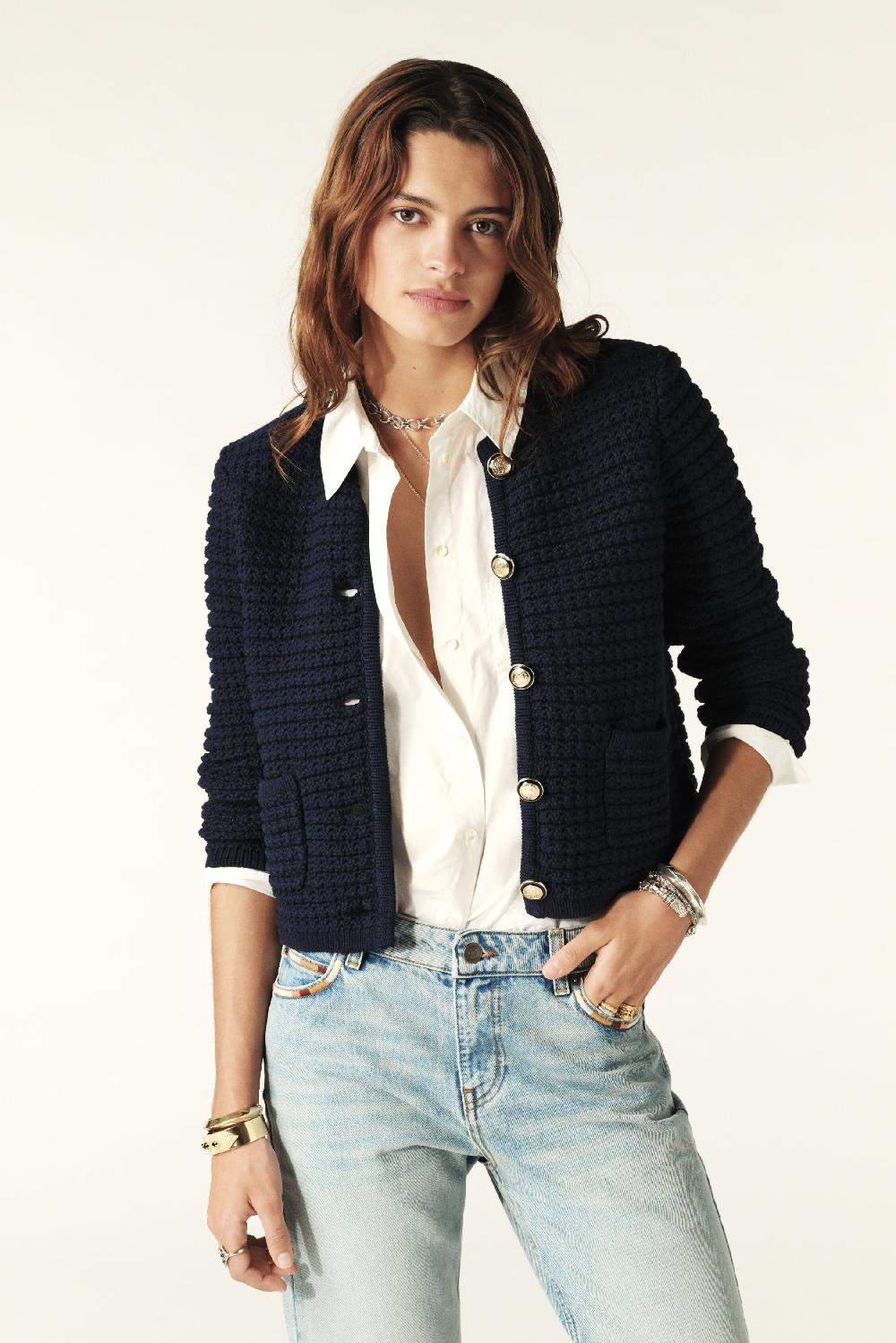 ba&sh Gilet Mailles Fantaisie Gaspard Marine