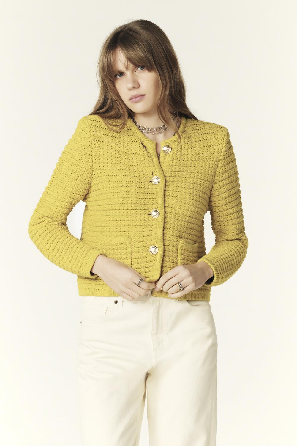 ba&sh Gilet Mailles Fantaisie Gaspard Ocre