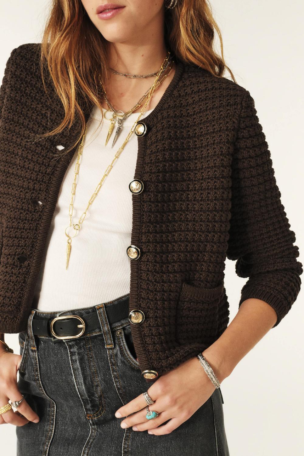 Ba&sh Gilet Manches Longues Gaspard Chocolat