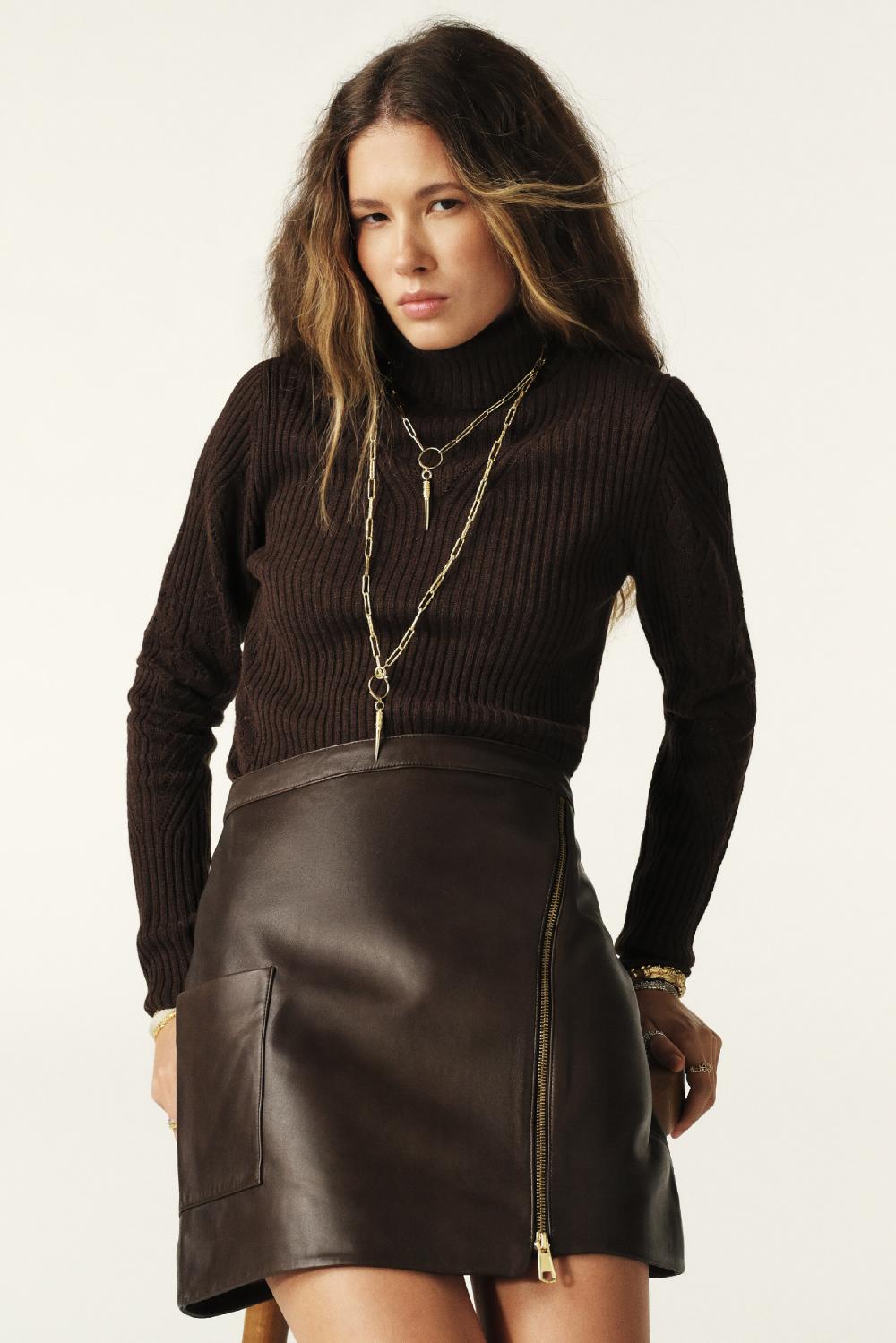 Ba&sh Jupe Cuir Mini Mala Marron