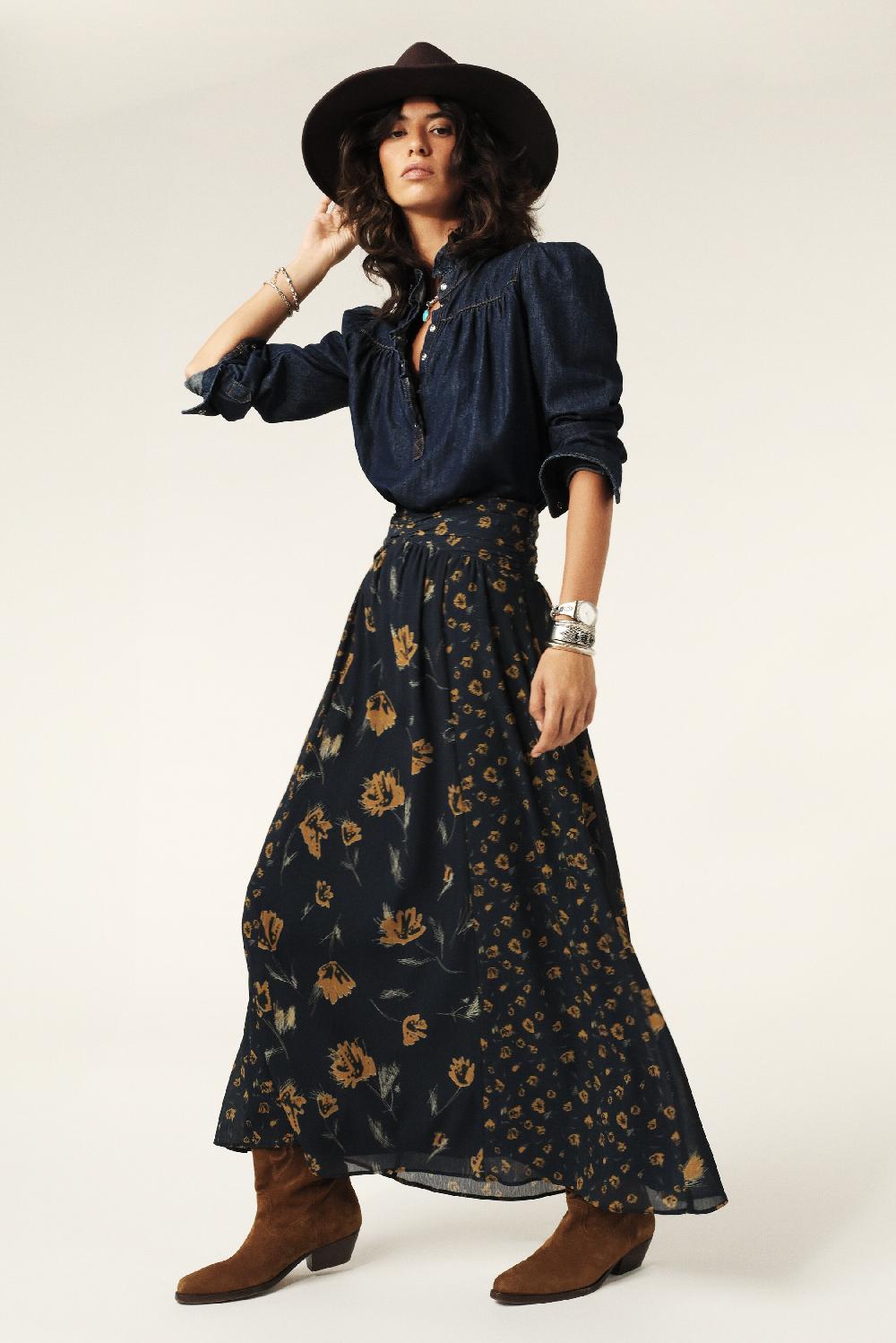 Ba&sh Jupe Longue Fluide Findy Bleu Nuit