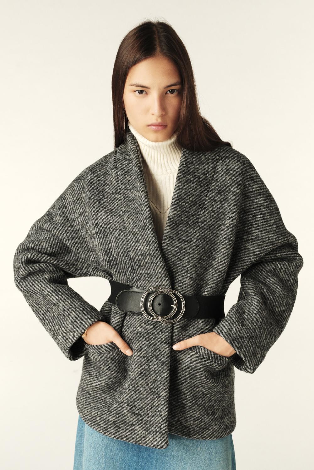 Ba&sh Manteau Court Tweed Carole Gris