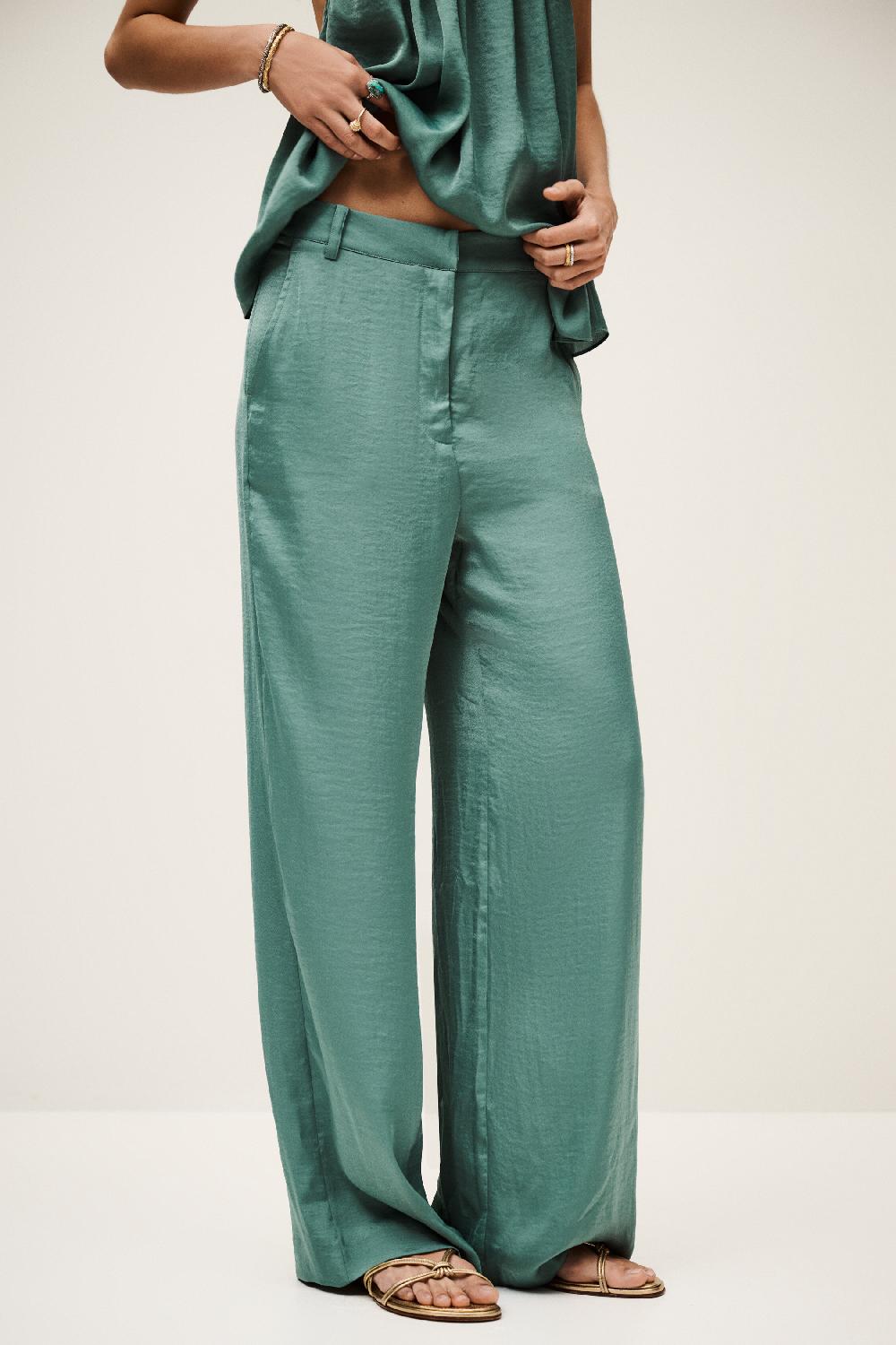 Ba&sh Pantalon Droit Satiné Solveig Vert