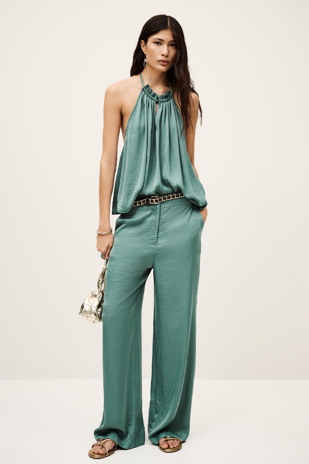 ba&sh Pantalon Droit Satiné Solveig Vert