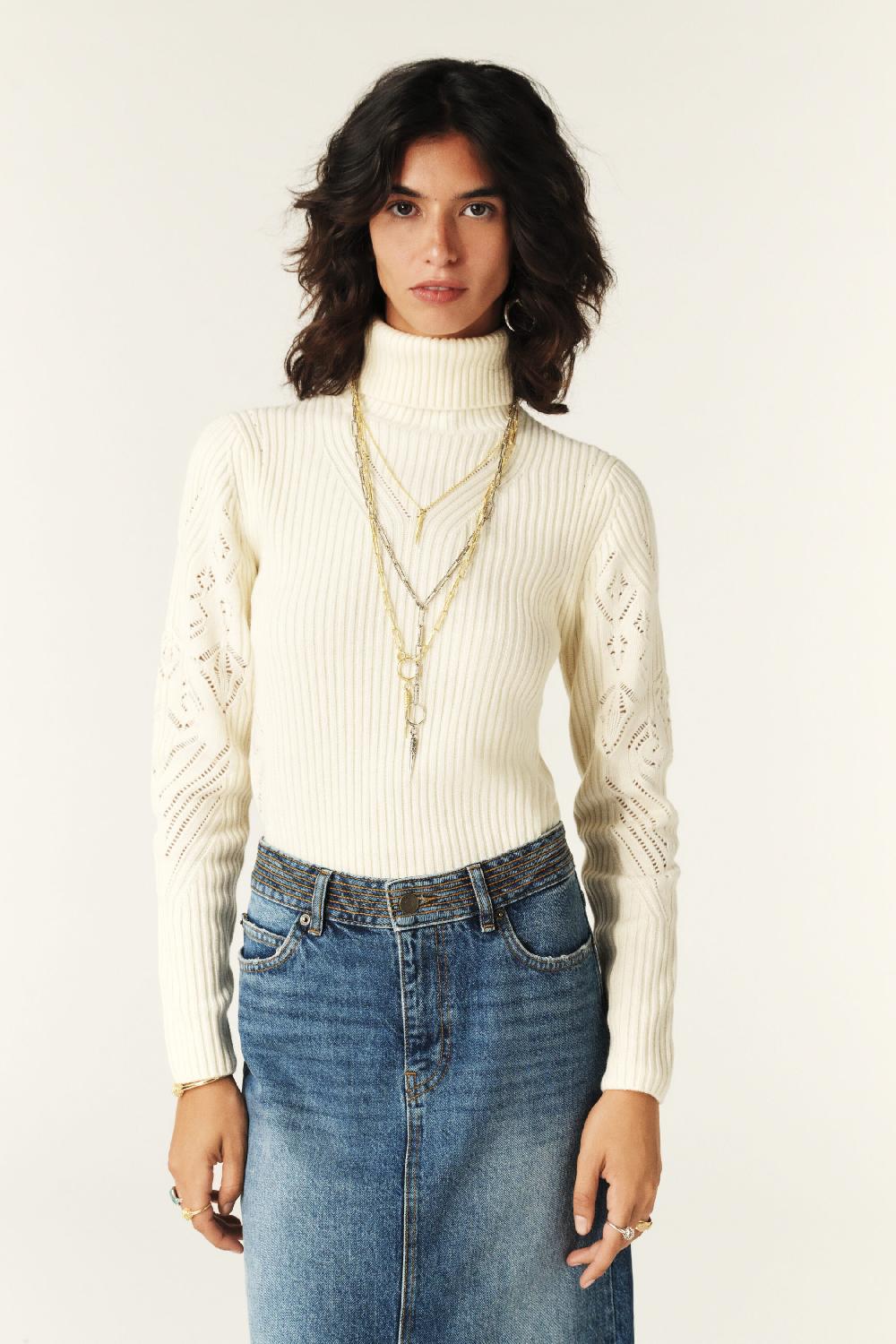 ba&sh Pull Col Roulé Aron Blanc Ecru