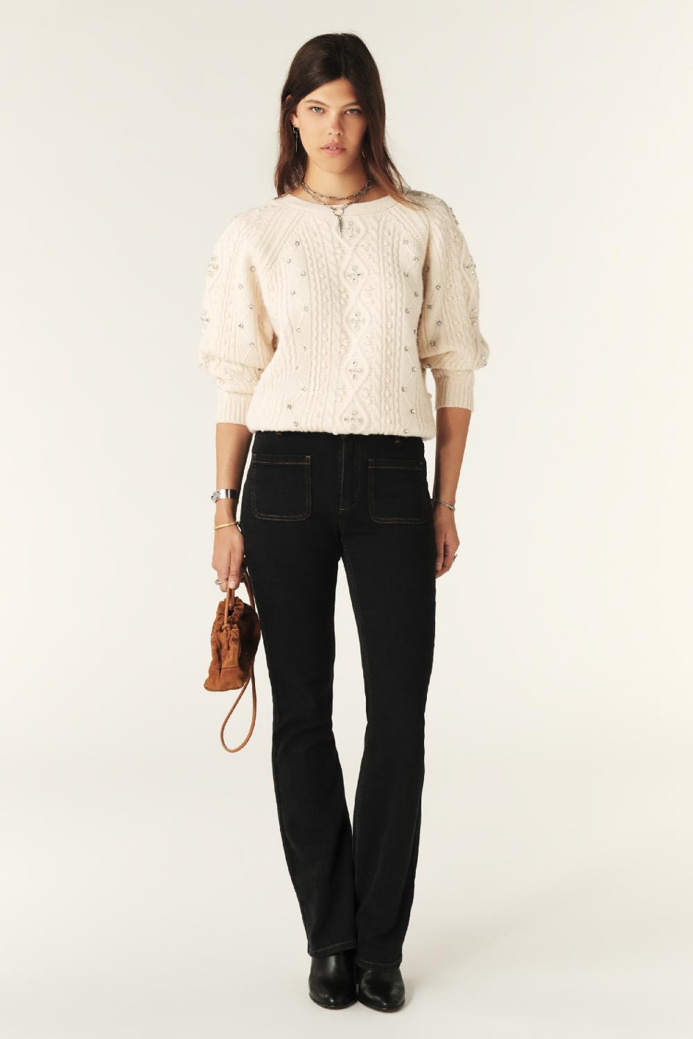 Ba&sh Pull Torsadé Brodé Otill Blanc Ecru