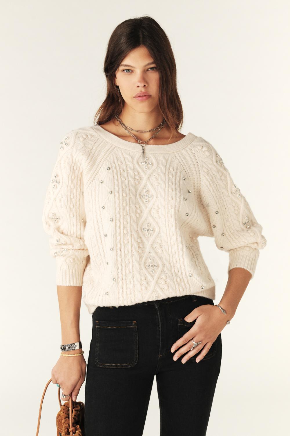 ba&sh Pull Torsadé Brodé Otill Blanc Ecru