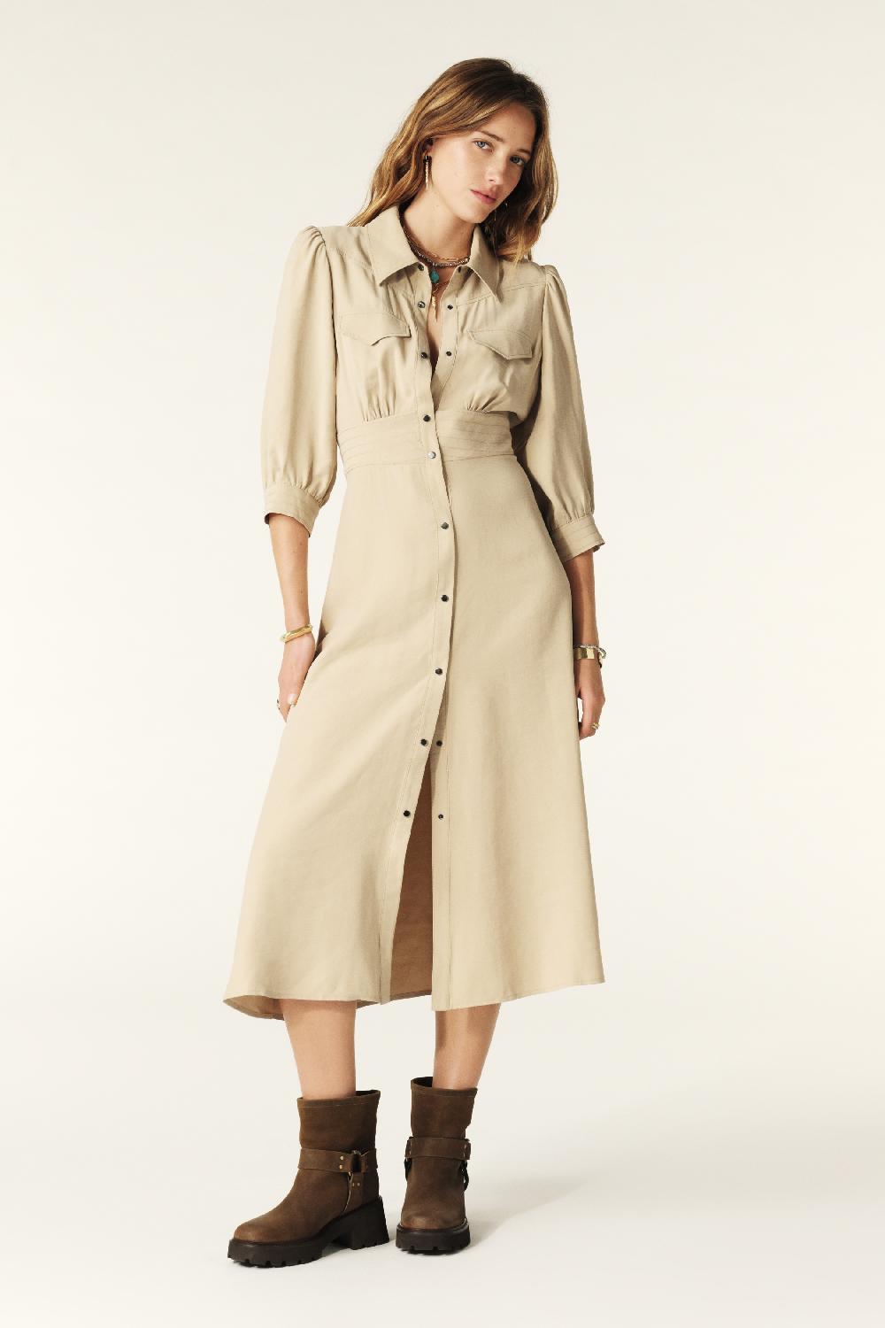 ba&sh Robe Midi Chemise Lettra Beige