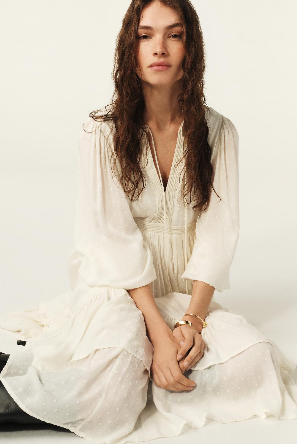 Ba&sh Robe Midi Plume Blanc Ecru