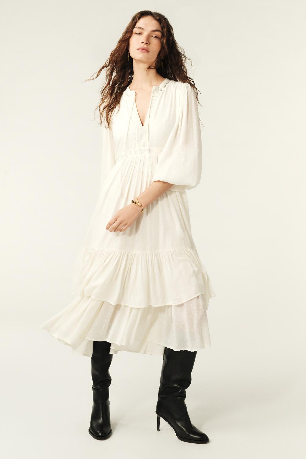 Ba&sh Robe Midi Plume Blanc Ecru