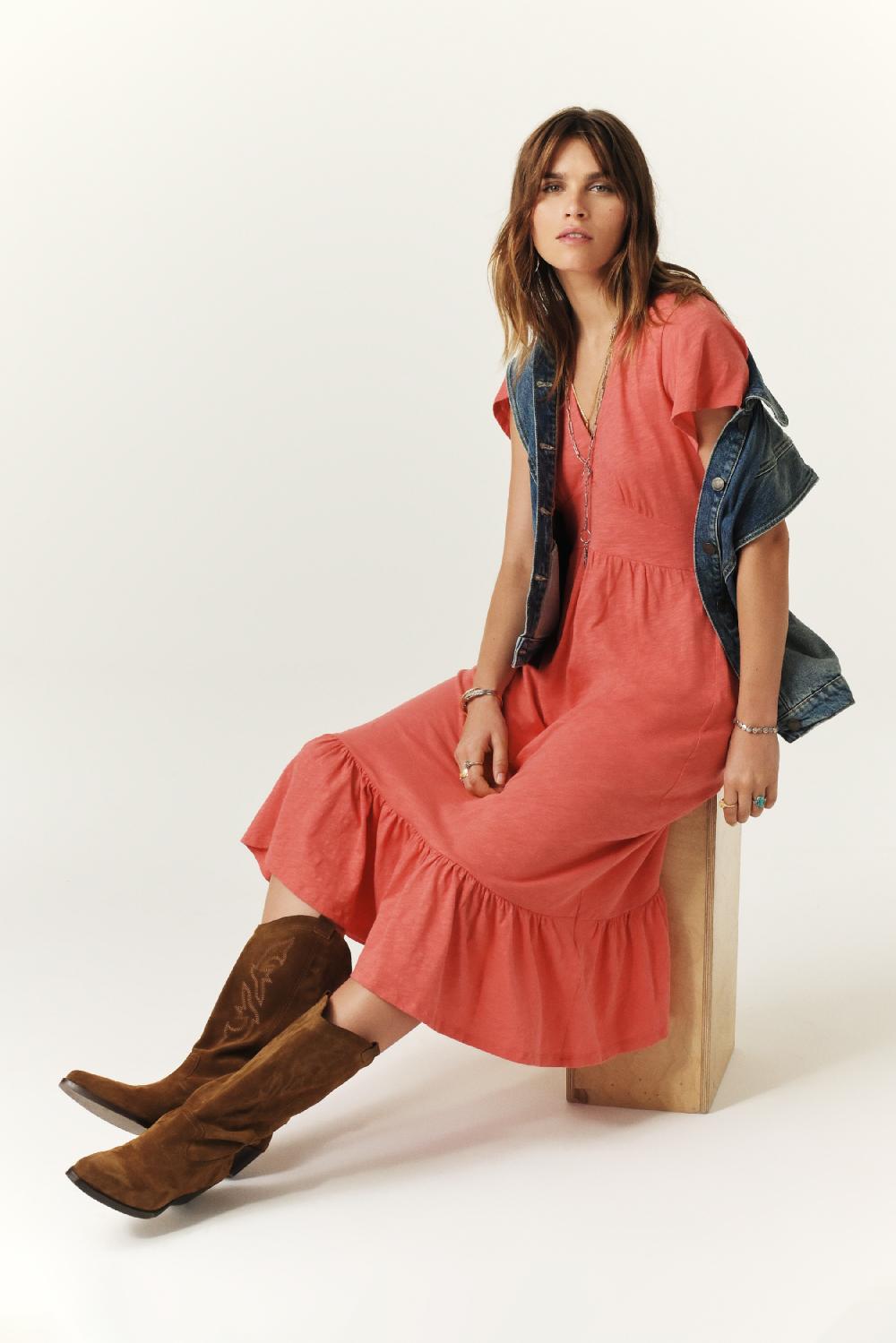 Ba&sh Robe Midi Valma Corail