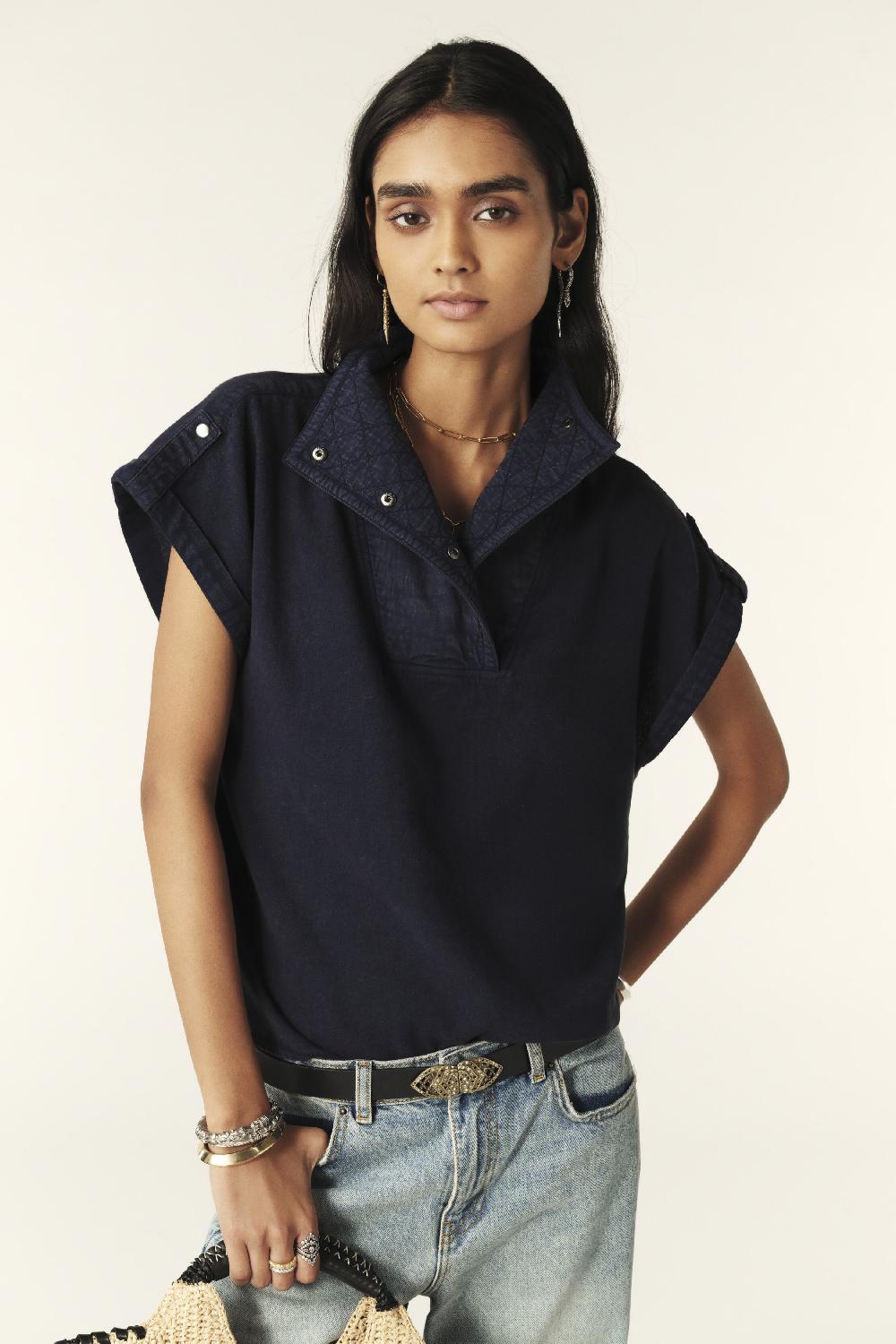 ba&sh T-Shirt Col Montant Salia Bleu Nuit