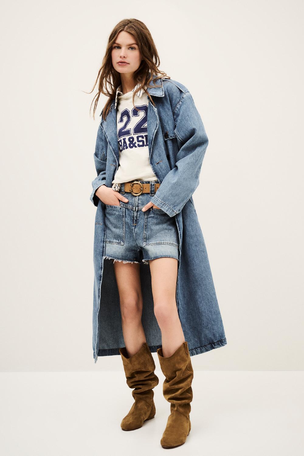 ba&sh Trench Long En Denim Tresca Bleu