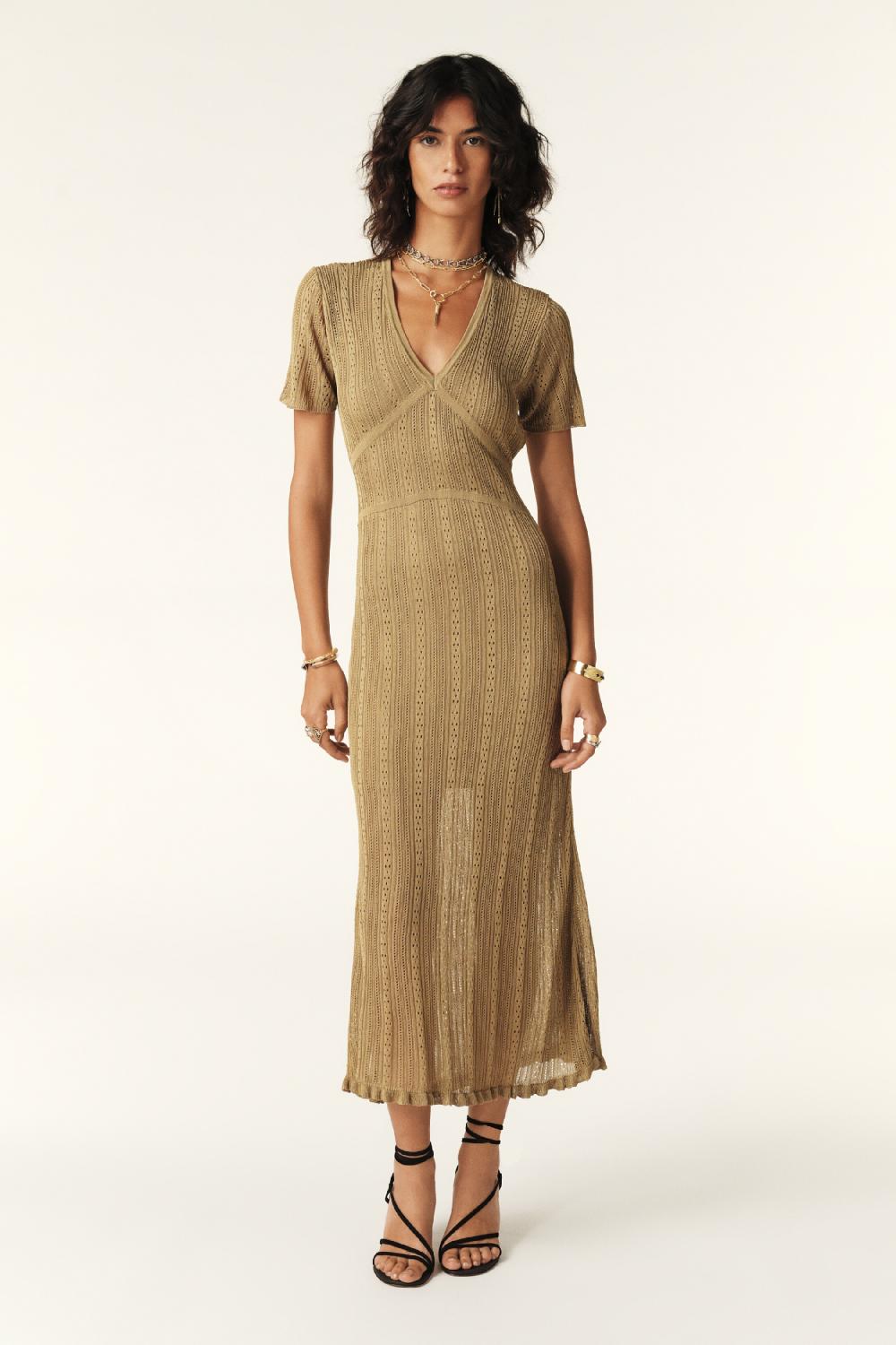 ba&sh Robe Midi En Maille Viscose Pointelle Crystianaa Bronze