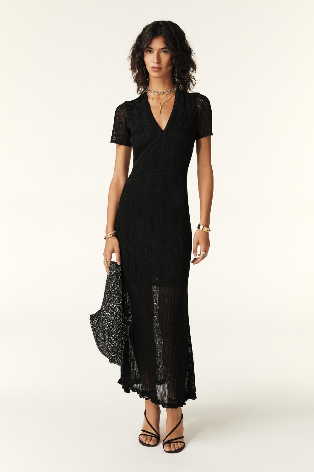 Ba&sh Robe Midi En Maille Viscose Pointelle Crystianaa Noir