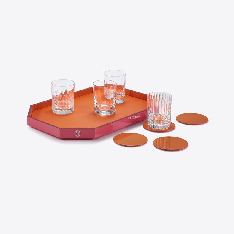 baccarat Plateau Octogone M & Dessous De Verre X4 Oranges & Coffret Gobelets 4 Eléments