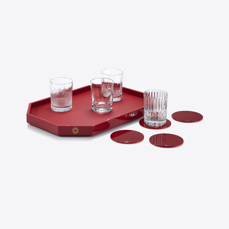 baccarat Plateau Octogone M & Dessous De Verre X4 Rouges & Coffret Gobelets 4 Eléments