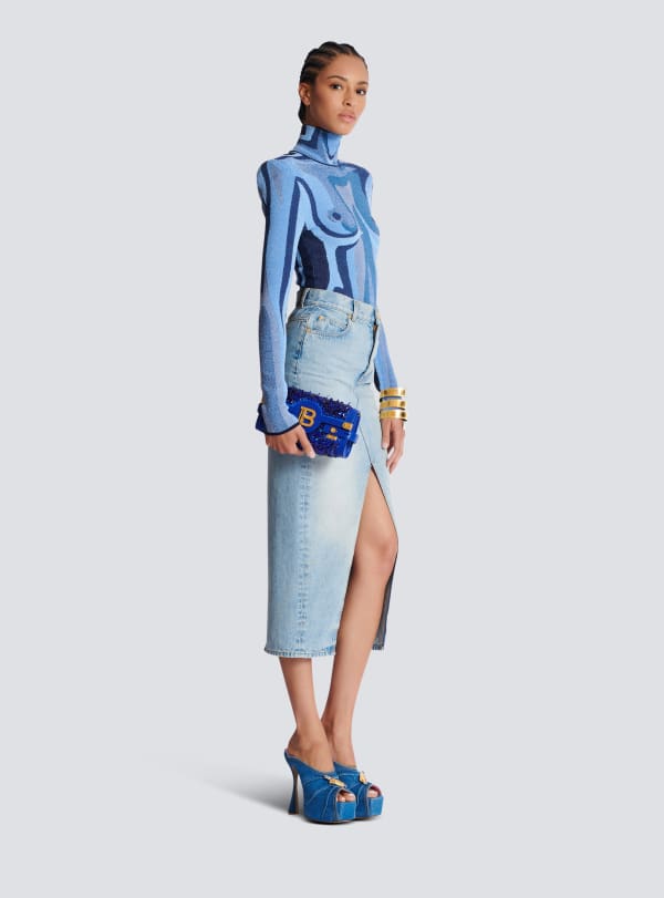 Balmain Paris B-Buzz Pouch 23 En Cuir Et Satin Brodé Bleu - Femme