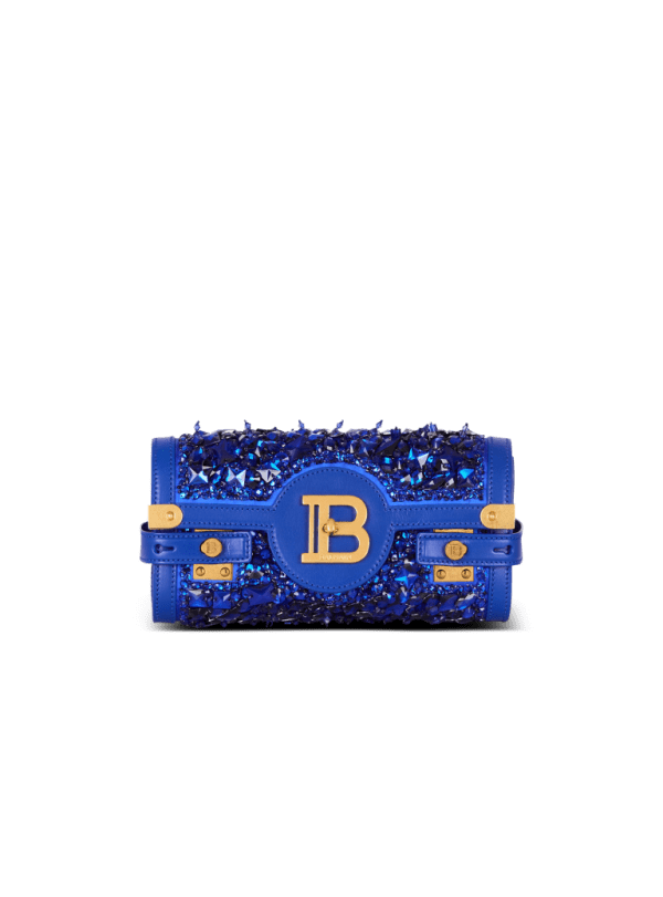 balmain paris B-Buzz Pouch 23 en cuir et satin brodé bleu - Femme