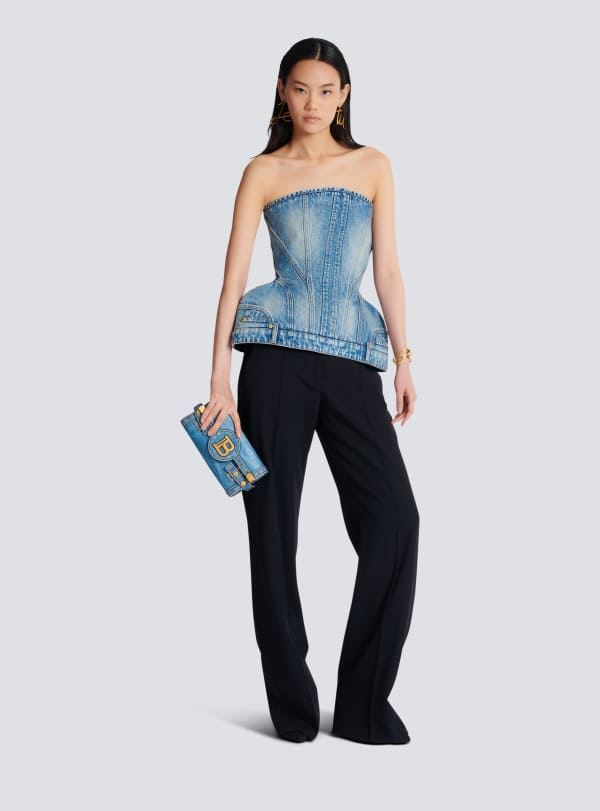 Balmain Paris B-Buzz Pouch 23 En Toile Imprimée Denim Bleu - Femme