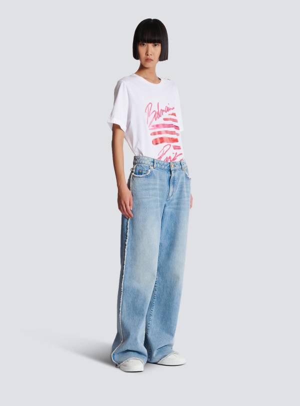 Balmain Paris Jean Droit En Denim Bleu - Femme