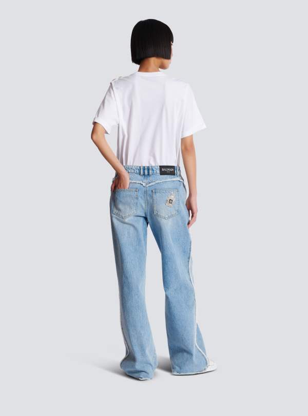Balmain Paris Jean Droit En Denim Bleu - Femme