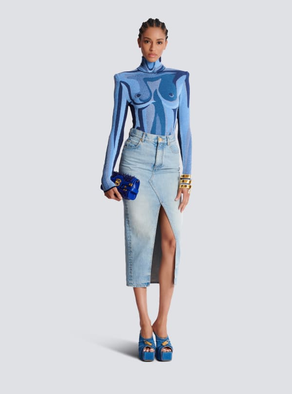 Balmain Paris Jupe Midi En Denim Bleu - Femme