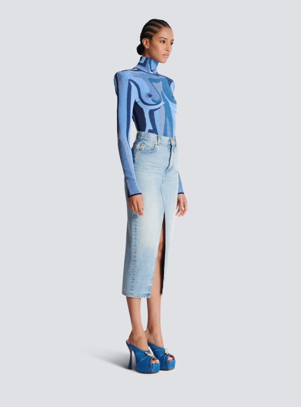 Balmain Paris Jupe Midi En Denim Bleu - Femme